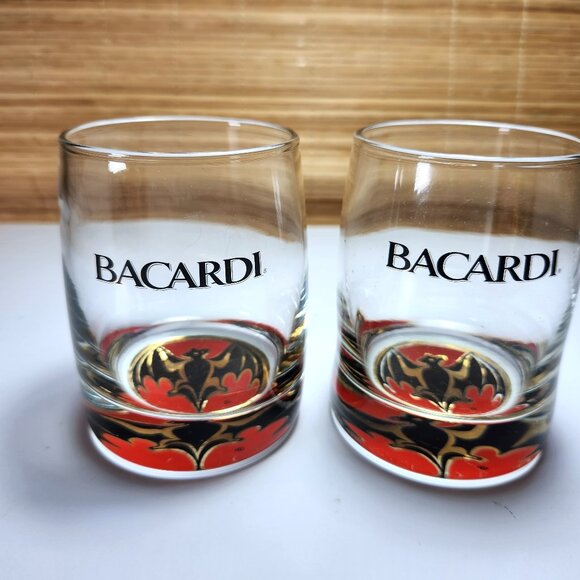 Bacardi Rum Glass Bacardi Bat logo Lot of 2 Weighted lo-ball Collectable10oz - Picture 1 of 10